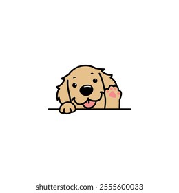 Cute golden retriever dog waving paw cartoon, vector illustration