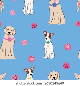 Cute Golden Retriever and Jack Russell terrier dogs with flowers, Seamless pattern, Dog breed pattern,  Cute pet pattern, Cute puppy pattern