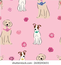 Cute Golden Retriever and Jack Russell terrier dogs with flowers, Seamless pattern, Dog breed pattern,  Cute pet pattern, Cute puppy pattern