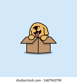 Cute golden retriever puppy in the box cartoon icon, vector illustration