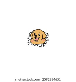 Cute golden retriever puppy break through the paper cartoon, vector illustration