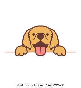 Cute golden retriever puppy paws up over wall, dog face vector illustration