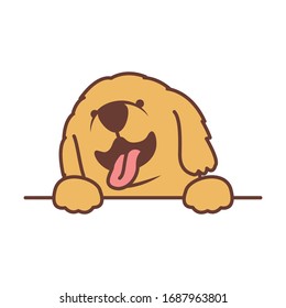 Cute golden retriever puppy paws up over wall, dog face vector illustration