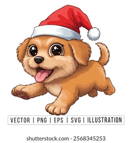 Cute Golden Retriever Puppy in Santa Hat - Christmas Cartoon Vector Illustration