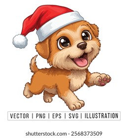 Cute Golden Retriever Puppy in Santa Hat - Christmas Cartoon Vector Illustration