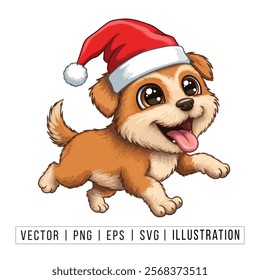 Cute Golden Retriever Puppy in Santa Hat - Christmas Cartoon Vector Illustration