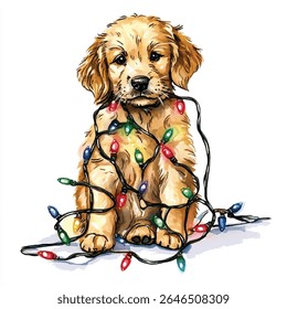 Um bonitinho de cachorro golden retriever senta-se, emaranhado em uma sequência de luzes de Natal coloridas, renderizado em um estilo aquarela.