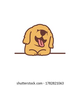 Cute golden retriever puppy smiling over wall cartoon, vector illustration