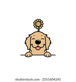 Cute golden retriever with sunflower on head cartoon, vector illustration, I drew it by myself. It was not AI-generated.