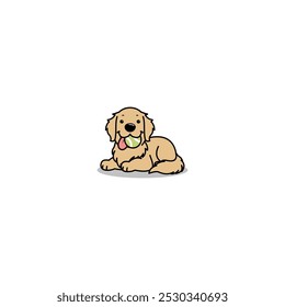 Cute golden retriever with tennis ball laying down cartoon, vector illustration