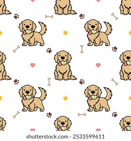 Cute golden retriever with tennis ball cartoon seamless pattern, vector illustration