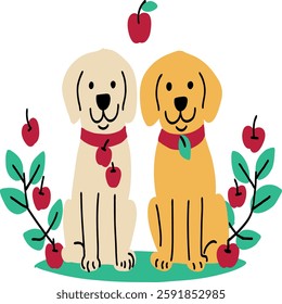 Cute Golden Retrievers with Apples - Hand-Drawn Illustration