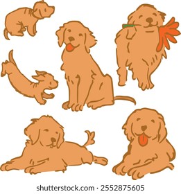 Cute golden retrievers, vector set