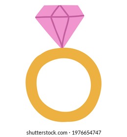 Cute golden ring with pink diamond.Vector hand drawn cartoon illustration.