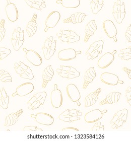 Cute Golden Summer Juicy Ice Cream Seamless Pattern In Outline. Beach Party Vector Gold Background.