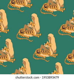 Cute golden tiger and blonde woman on green background. Female power vector illustration. Animal and people seamless pattern.