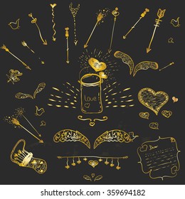 Cute golden vector hand-drown hipster set of love elements - wings, arrows, frames for your design 