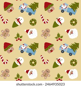Cute golden yellow christmas seamless pattern background with santa, cookie and snow man, kids wrapping paper or fabric design