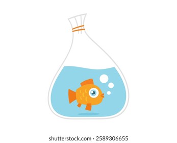 Cute goldfish cartoon fish in plastic bag. Vector isolated illustration.