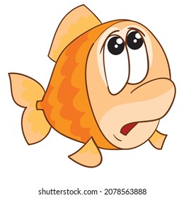 cute goldfish character looking up scared, cartoon illustration, isolated object on white background, vector, eps