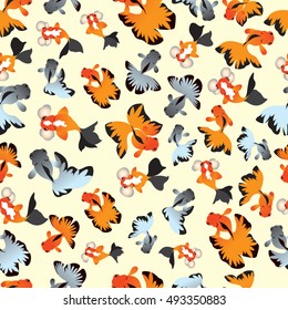 Cute goldfish design on yellow background pattern. Animal seamless pattern design. 