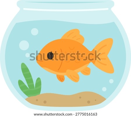 Cute Goldfish in Fish Bowl Flat Design Illustration in Minimalist Cartoon Style