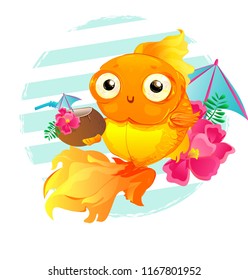 Cute Goldfish Illustration Vector. Design Print Sea Theme with a goldfish. Cartoon character.