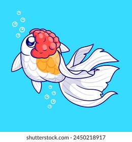 Cute Goldfish Lionhead Swimming Cartoon Vector Icon Illustration. Animal Nature Icon Concept Isolated Premium Vector. Flat Cartoon Style