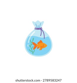 Cute Goldfish In Round Plastic Bag With Seaweed Vector