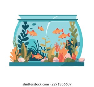 Cute goldfish swim in ornate fishbowl underwater icon isolated