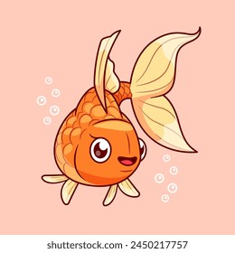 Cute Goldfish Swimming Cartoon Vector Icon Illustration. Animal Nature Icon Concept Isolated Premium Vector. Flat Cartoon Style