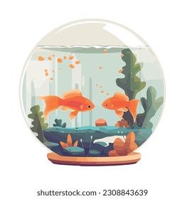 Cute goldfish swimming in ornate fishbowl decoration icon