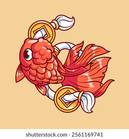 Cute Goldfish Wearing Gold Necklace Cartoon Vector Icon 
Illustration. Animal Nature Icon Concept Isolated Premium 
Vector. Flat Cartoon Style 