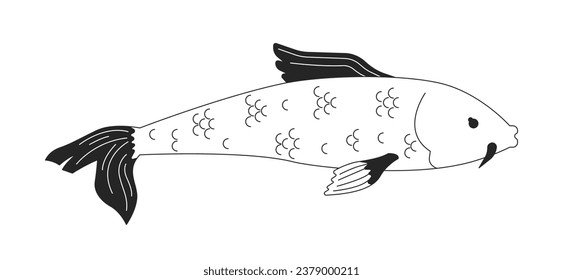 Cute goldfish with whiskers black and white 2D line cartoon character. Oriental fish for japanese pond isolated vector outline animal. Nishikigoi floating monochromatic flat spot illustration