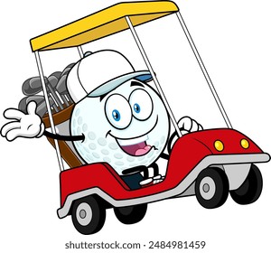 Cute Golf Ball Cartoon Character Driving A Golf Cart And Waving. Vector Hand Drawn Illustration Isolated On Transparent Background