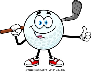 Personaje De Dibujos Animados De Pelota De Golf Lindo Dando Los Pulgares Hacia Arriba. Vector Dibujado A Mano Ilustración Aislado Sobre Fondo Transparente