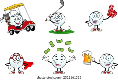 Cute Golf Ball Cartoon Mascot Character. Vector Hand Drawn Collection Set Isolated On Transparent Background