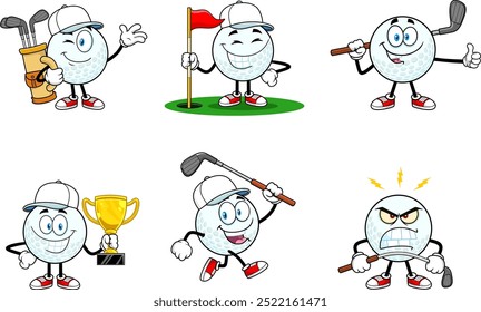 Personagem bonito do mascote do cartoon da bola de golfe. Conjunto De Coleção Desenhado À Mão Vetorial Isolado Sobre Fundo Transparente