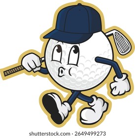 Cute Golf Ball Mascot Cartoon – Fun Sports Character with Cap and Club for Golf Logos and Merchandise.	