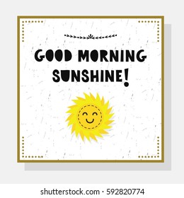 Cute Good Morning Sunshine greeting card with paper cut font and yellow sun emoji
