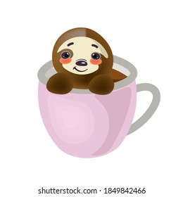 Cute good natured sloth peeking out of a cup of coffee.
Vector isolated illustration on white background.