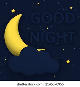 Cute good night background with 3d moon and stars. square composition. vector illustration.