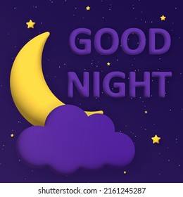 Cute good night background with 3d moon and stars. Vector illustration.