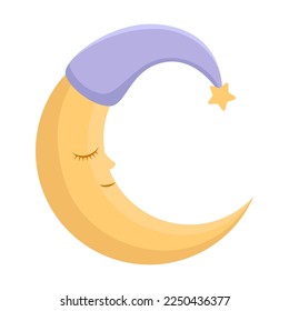 Cute good night bright crescent moon in a nightcap, vector illustration. Cartoon drawing of lullaby element for children isolated on white background. Bedtime, decoration concept