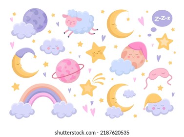 Cute good night elements for kids vector illustrations set. Cartoon drawings of lullaby elements for children, sheep, moon, clouds isolated on white background. Bedtime, childhood, decoration