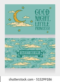 Cute "Good night, little princess" cards, vector illustration