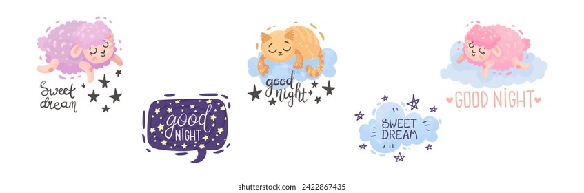 Cute Good Night Quote and Sweet Dream Wish Vector Set