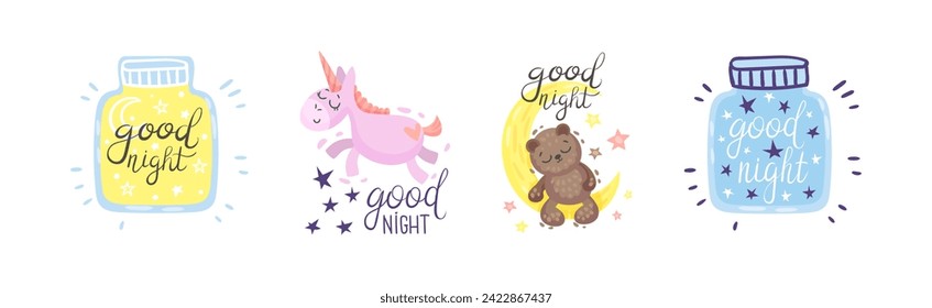 Cute Good Night Quote and Sweet Dream Wish Vector Set