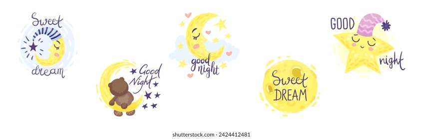 Cute Good Night Quote and Sweet Dream Wish Vector Set