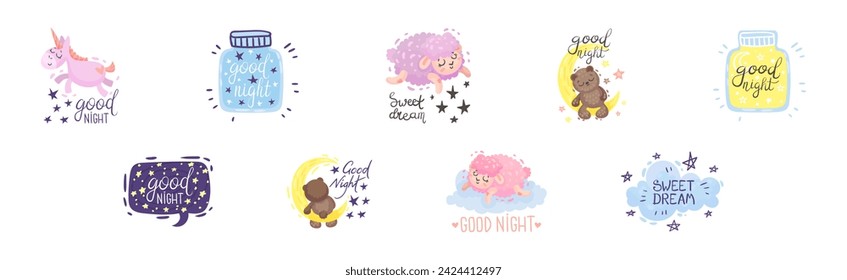 Cute Good Night Quote and Sweet Dream Wish Vector Set